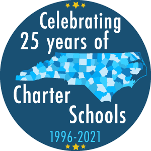 Round badge with outline of state of NC on it and words: "Celebrating 25 years of (NC) charter schools)" and "1996-2021"
