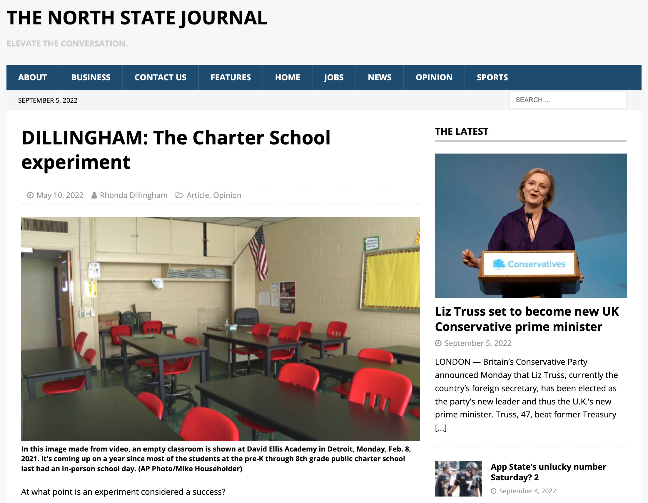 Screenshot of an article from the North State Journal "The Charter Experiment" by Rhonda Dillingham.