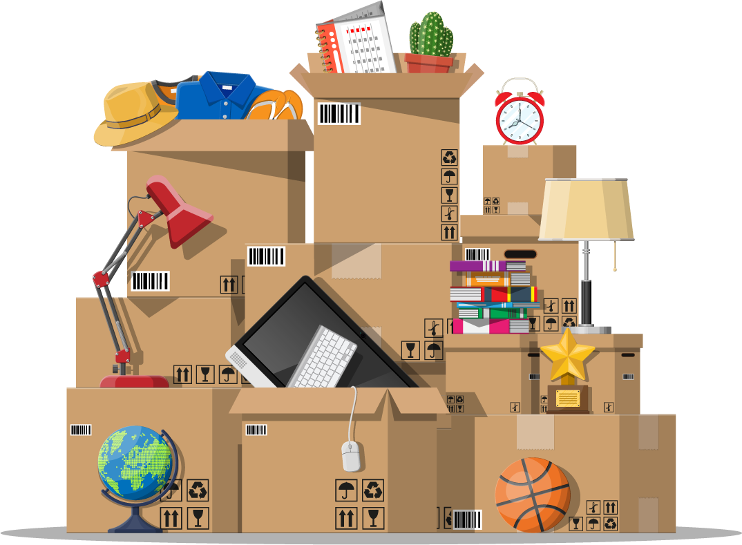 Illustration of a tall pile of boxes filled with various household goods in the process of being moved.