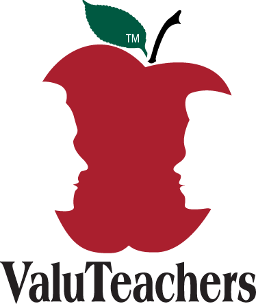 Logo of ValuTeacher. Image of a red apple with 2 face silhouettes cut out, like  bites of an apple