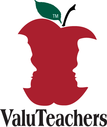 Logo of ValuTeacher. Image of a red apple with 2 face silhouettes cut out, like bites of an apple