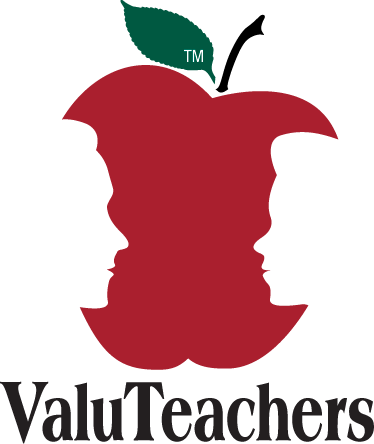 Logo of ValuTeacher. Image of a red apple with 2 face silhouettes cut out, like  bites of an apple