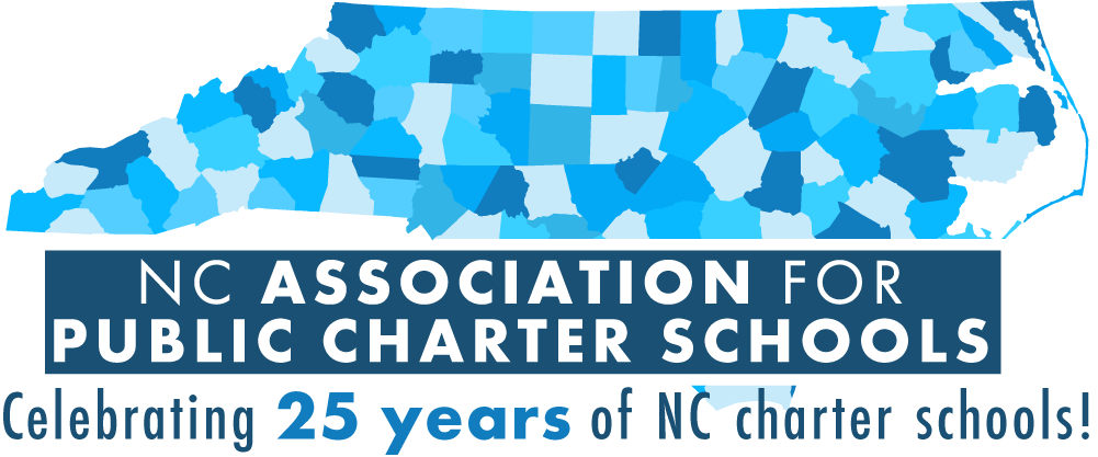 NCAPCS logo. Map of NC showing the 100 counties with a blue bar overlaid saying, "North Carolina Association for Public Charter Schools." Below that "Celebrating 25 Years of NC Charter Schools"